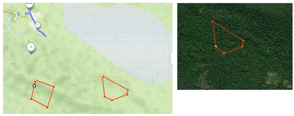 Zaznamenané pozemky na mapě k odkupu každý o ploše cca 25 ha, obrázek má informativní charakter pro přispívající zájemce o odkup části pralesa.